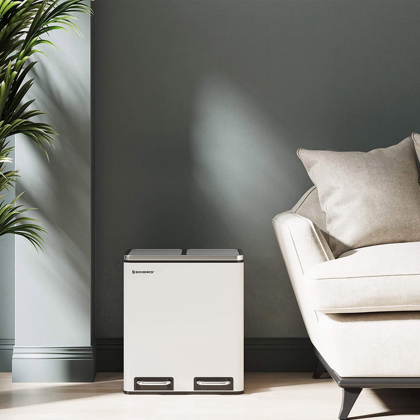 Cubo de Basura, 2x15 L, Cubo basura reciclaje, Cubo basura cocina, con Cubeta Doble, con Pedal, Acero, Blanco, SONGMICS, 4
