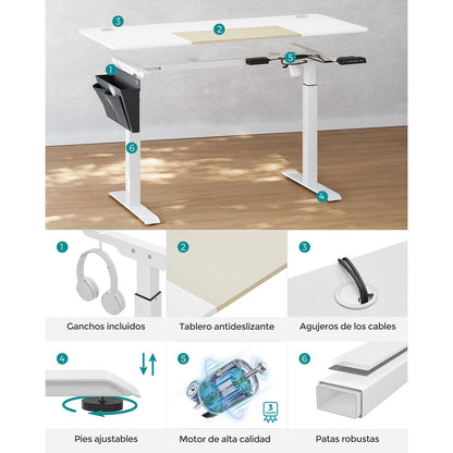 Escritorio elevable, Eléctrico, 60x140x(72-120) cm, Mesa regulable en altura, Memoria con 4 Alturas, Blanco SONGMICS, 7