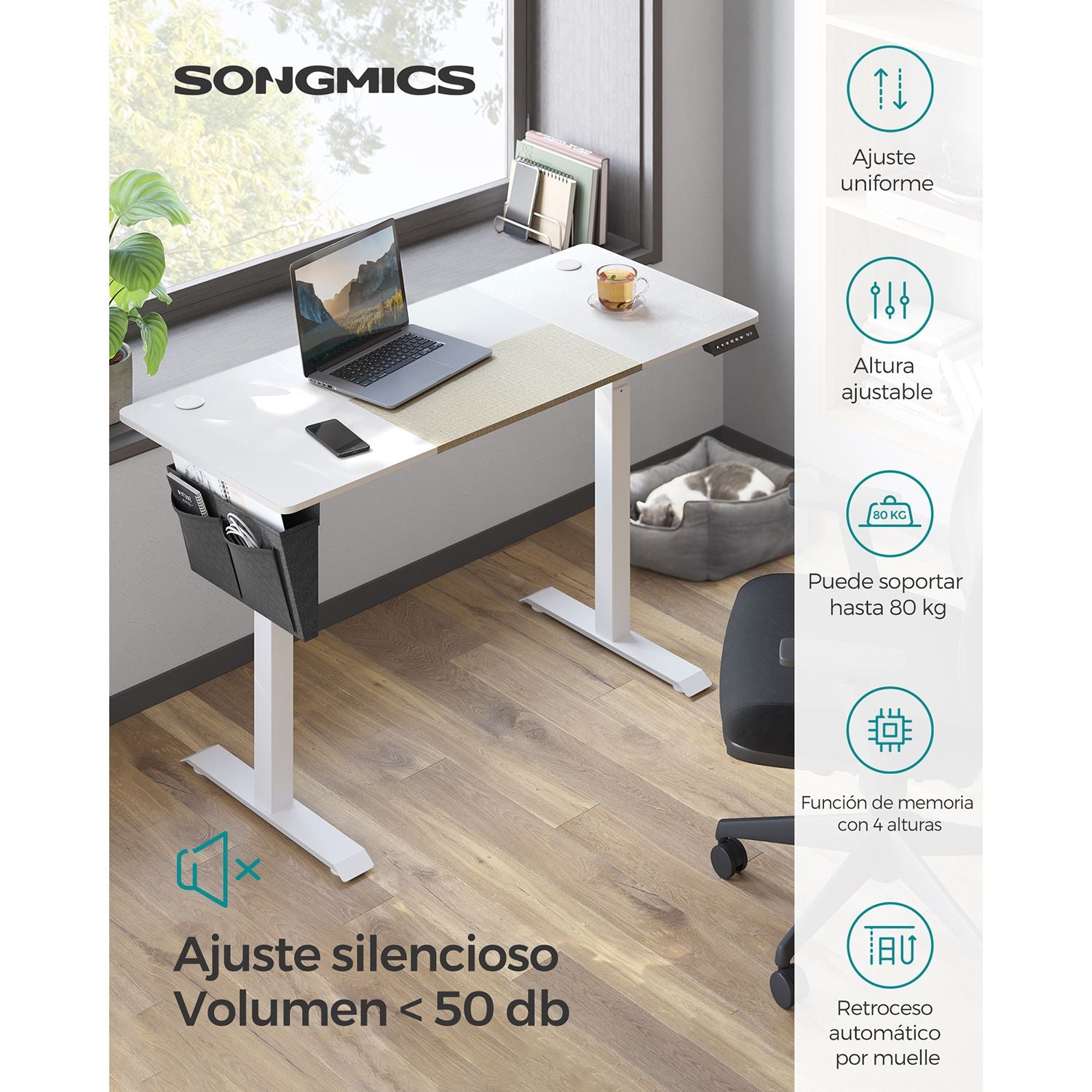 Escritorio elevable, Eléctrico, 60x140x(72-120) cm, Mesa regulable en altura, Memoria con 4 Alturas, Blanco SONGMICS, 3