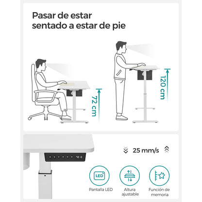 Escritorio elevable, Eléctrico, 60x140x(72-120) cm, Mesa regulable en altura, Memoria con 4 Alturas, Blanco SONGMICS, 1