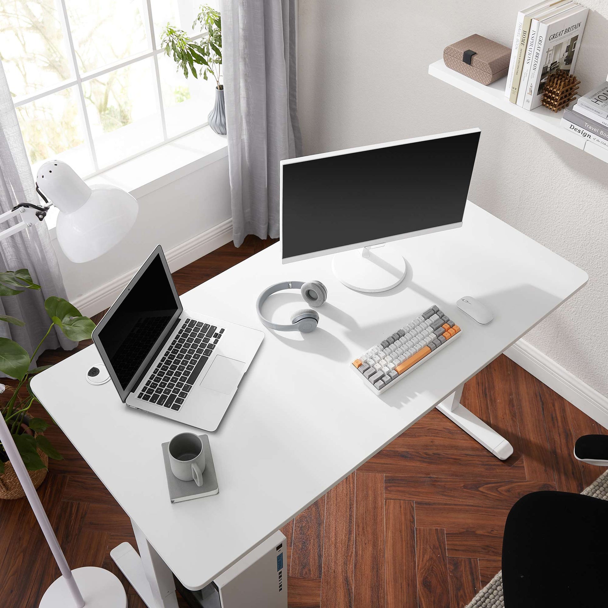 Mesa regulable en altura, Eléctrico Escritorio elevable, 70x140x(73-114) cm, Estructura Escritorio con Motor, Blanco, SONGMICS, 1