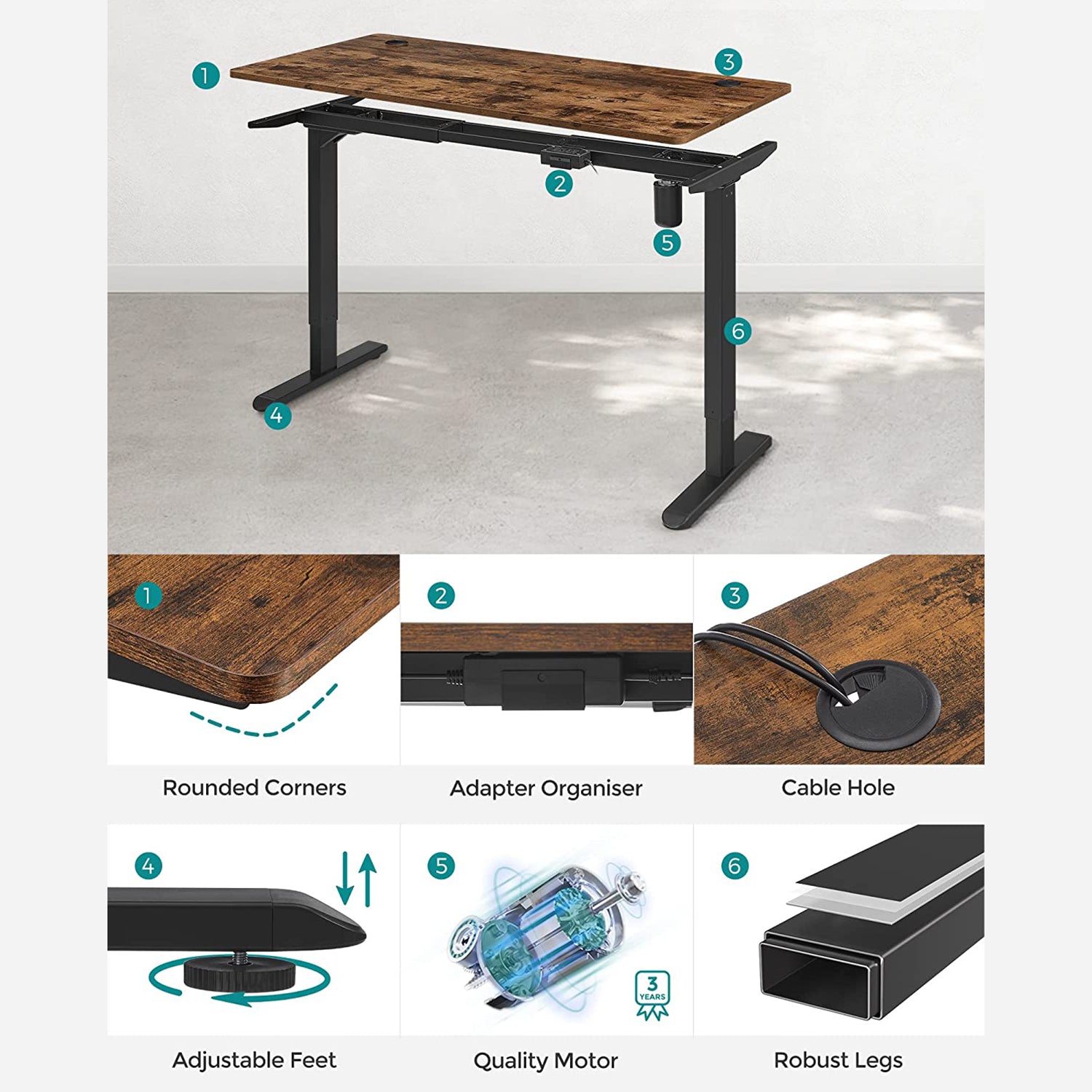 Escritorio elevable, Mesa regulable en altura, Eléctrico, 70x140x(73-114) cm, Estructura Escritorio con Motor, SONGMICS, 7