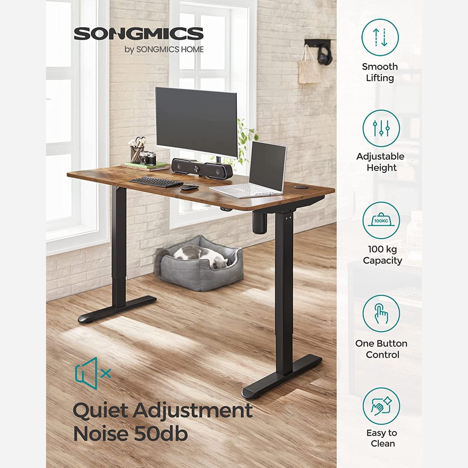 Escritorio elevable, Mesa regulable en altura, Eléctrico, 70x140x(73-114) cm, Estructura Escritorio con Motor, SONGMICS, 2