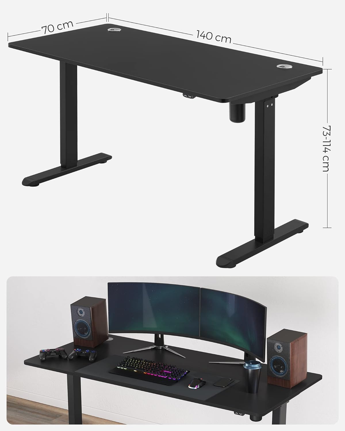 Escritorio elevable, Mesa regulable en altura, Eléctrico, 70x140x(73-114) cm, Estructura Escritorio con Motor Negro, SONGMICS, 7