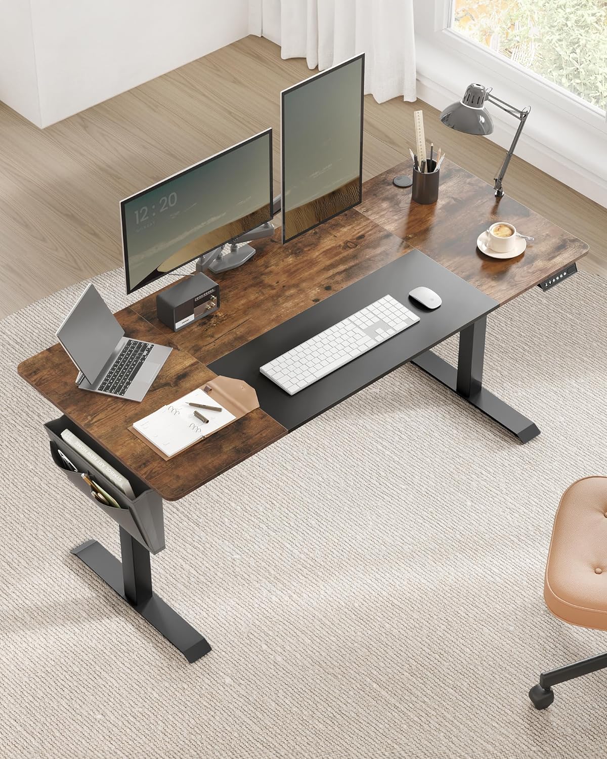 Escritorio elevable, Eléctrico, 70x160x(72-120) cm, Mesa regulable en altura, Memoria con 4 Alturas, Marrón y Negro, SONGMICS, 1