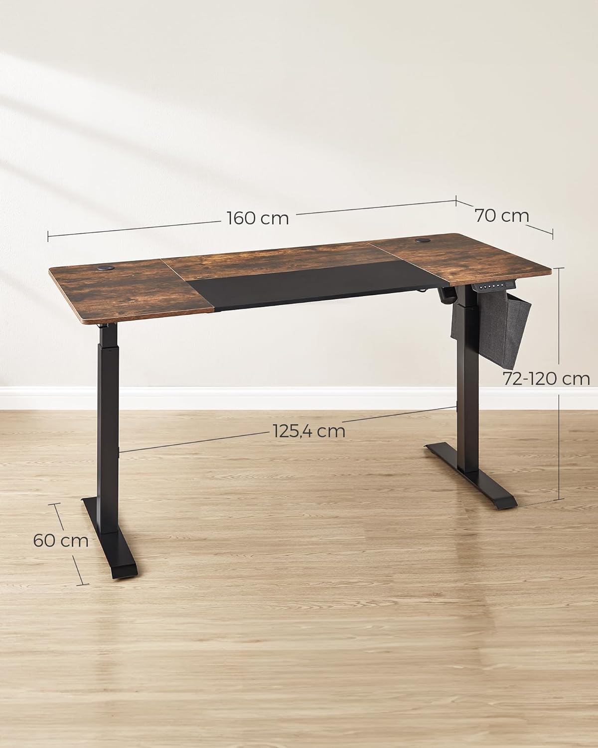 Escritorio elevable, Eléctrico, 70x160x(72-120) cm, Mesa regulable en altura, Memoria con 4 Alturas, Marrón y Negro, SONGMICS, 7