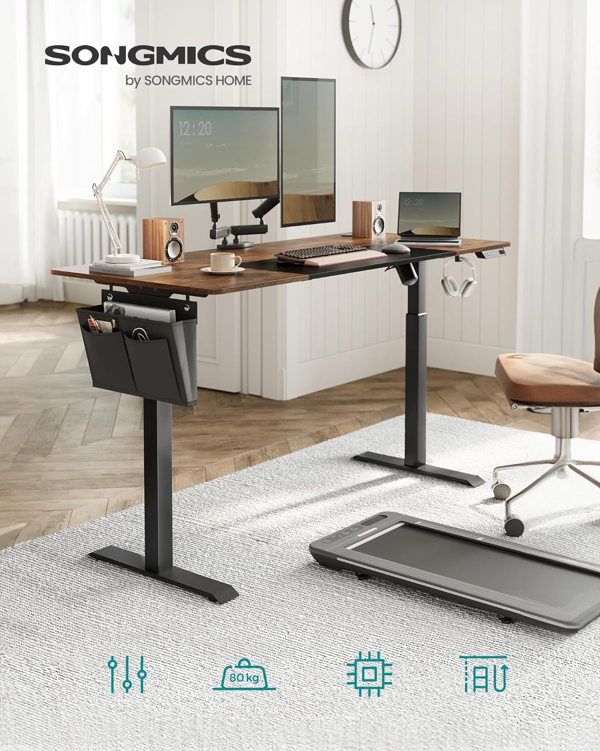 Escritorio elevable, Eléctrico, 70x160x(72-120) cm, Mesa regulable en altura, Memoria con 4 Alturas, Marrón y Negro, SONGMICS, 2