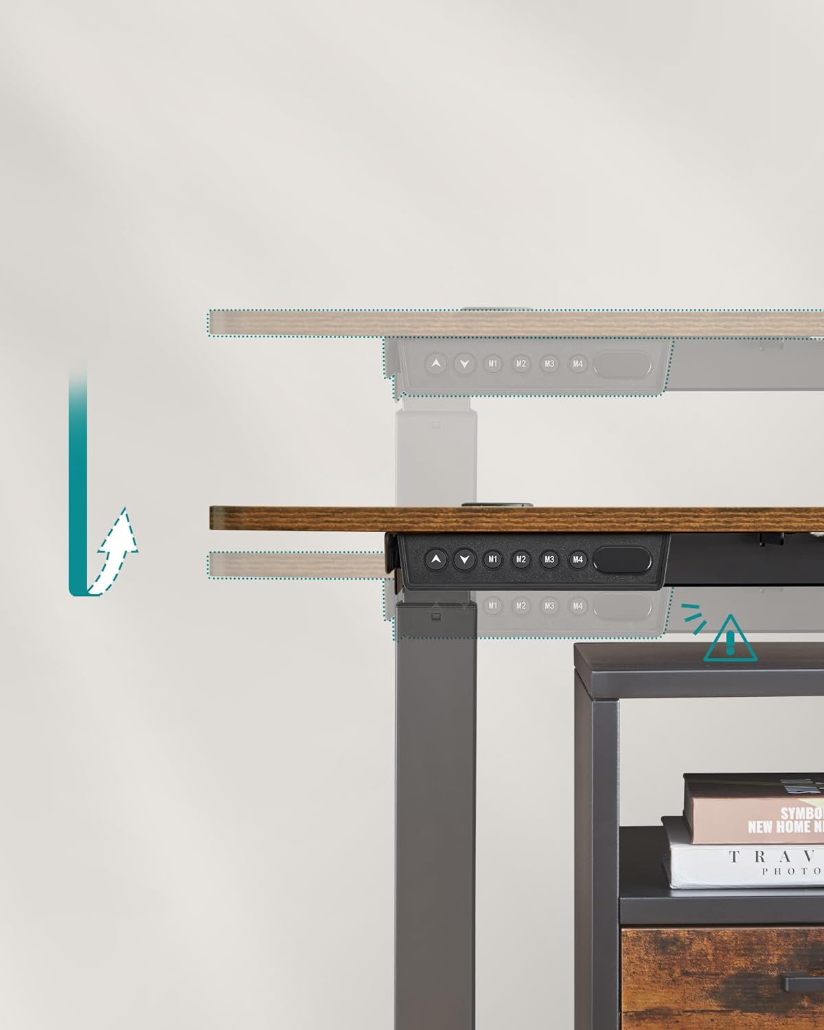 Escritorio elevable, Eléctrico, 70x160x(72-120) cm, Mesa regulable en altura, Memoria con 4 Alturas, Marrón y Negro, SONGMICS, 5