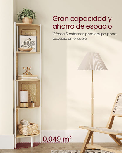 VASAGLE - Estanteria Libreria, Estanteria Esquinera, 5 Niveles, Estante con Laterales de Polyrattan, Marco de Metal, Beige Roble, 5