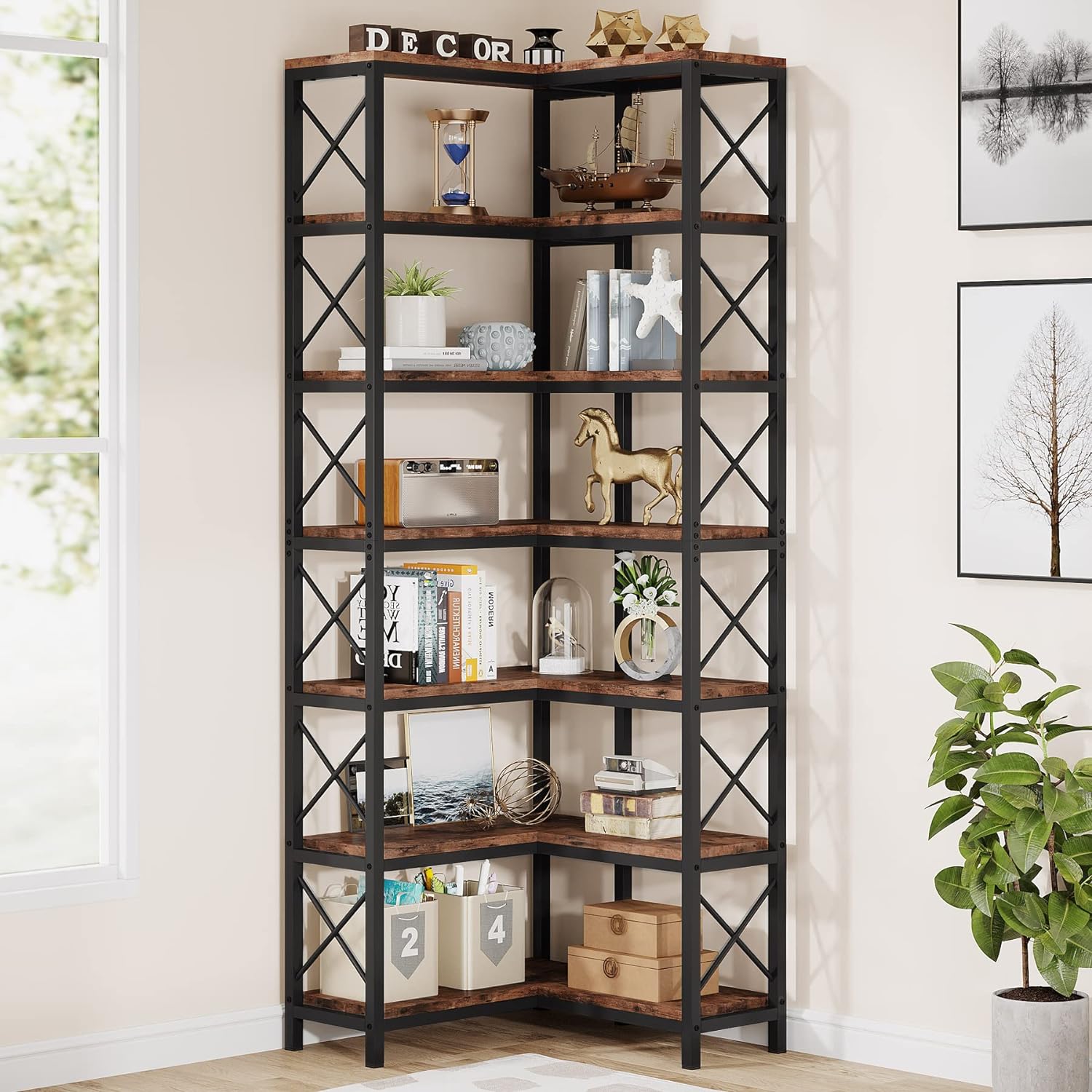 Estanteria, Estanteria Libreria, Estanteria Esquinera, 7 estantes, Librerias, Estanteria Salon, Tribesigns, 1