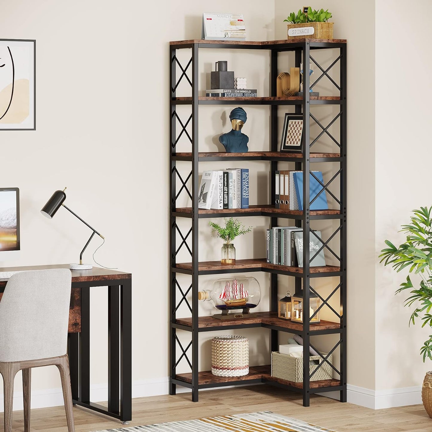 Estanteria, Estanteria Libreria, Estanteria Esquinera, 7 estantes, Librerias, Estanteria Salon, Tribesigns, 3