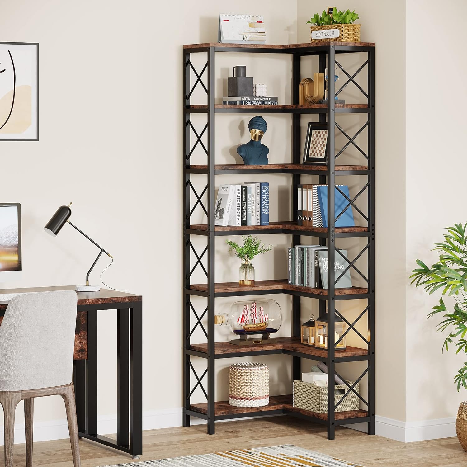 Estanteria, Estanteria Libreria, Estanteria Esquinera, 7 estantes, Librerias, Estanteria Salon, Tribesigns, 3