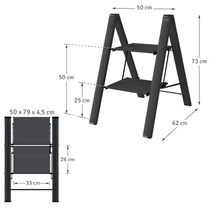 Escaleras de aluminio, Escalera 2 peldaños, Escalera plegable, Carga 150 kg, robusto y resistente a la corrosión, Negro, Colombo LEONARDO 2
