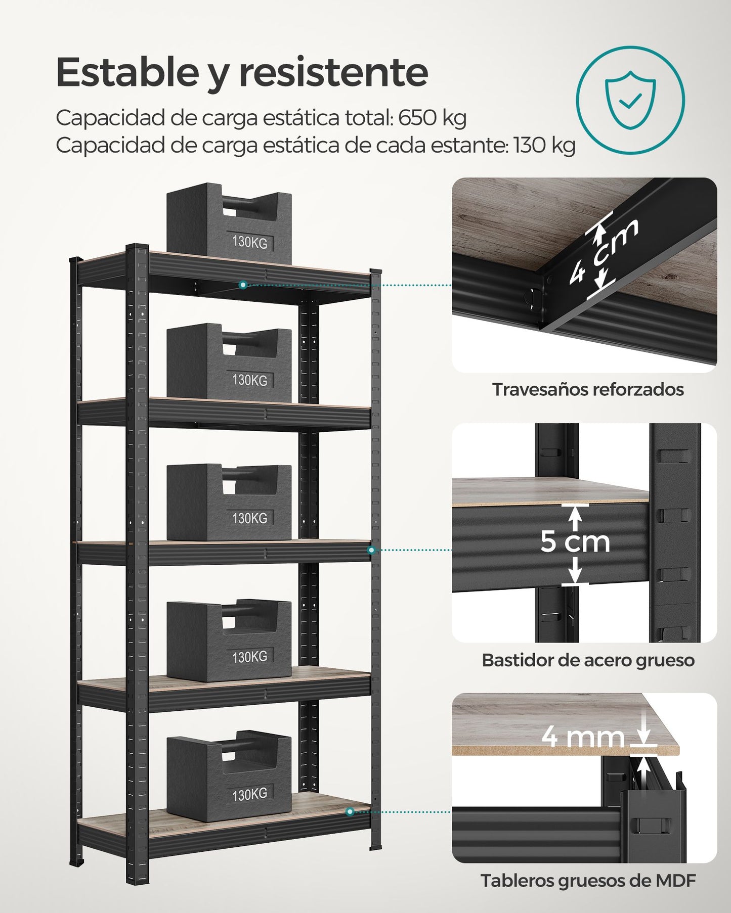 Estanteria, 5 Niveles, Estantería metálica, Estanteria estrecha, 30x75x150cm, Carga de 650kg, Madera Natural Negro, Songmics, 4