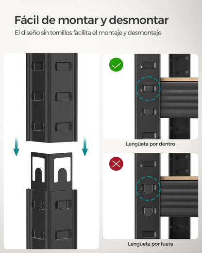 Estanteria, 5 Niveles, Estantería metálica, Estanteria estrecha, 30x75x150cm, Carga de 650kg, Madera Natural Negro, Songmics, 6