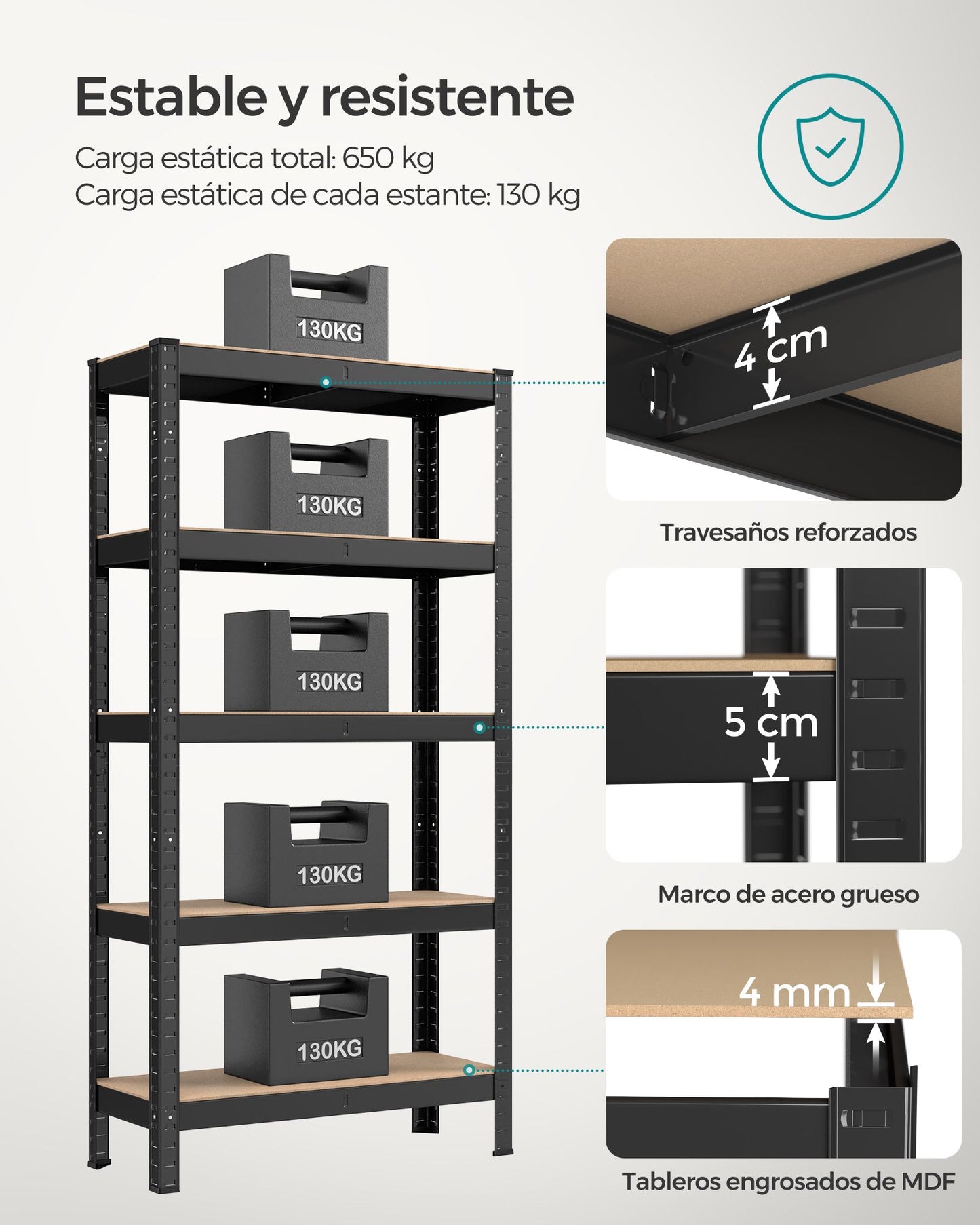 Estanteria, 5 Niveles, Estantería metálica, Estanteria estrecha, 30 x 75 x 150 cm, Carga de 650 kg, Negro, Songmics, 4