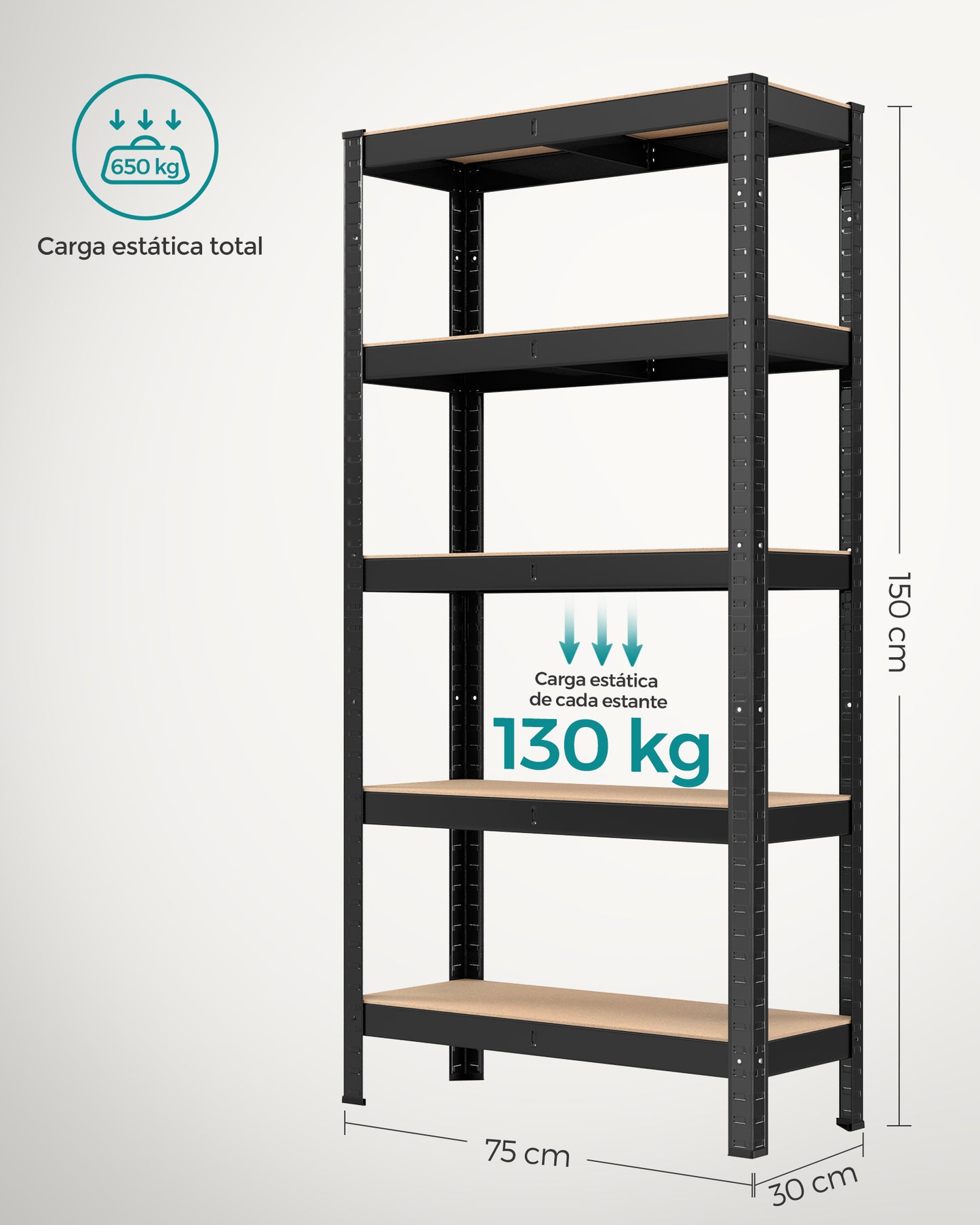 Estanteria, Juego de 2, Estantería metálica, 5 Niveles, Estanteria estrecha, 30x75x150cm, Carga de 650 kg, Negro, Songmics, 8