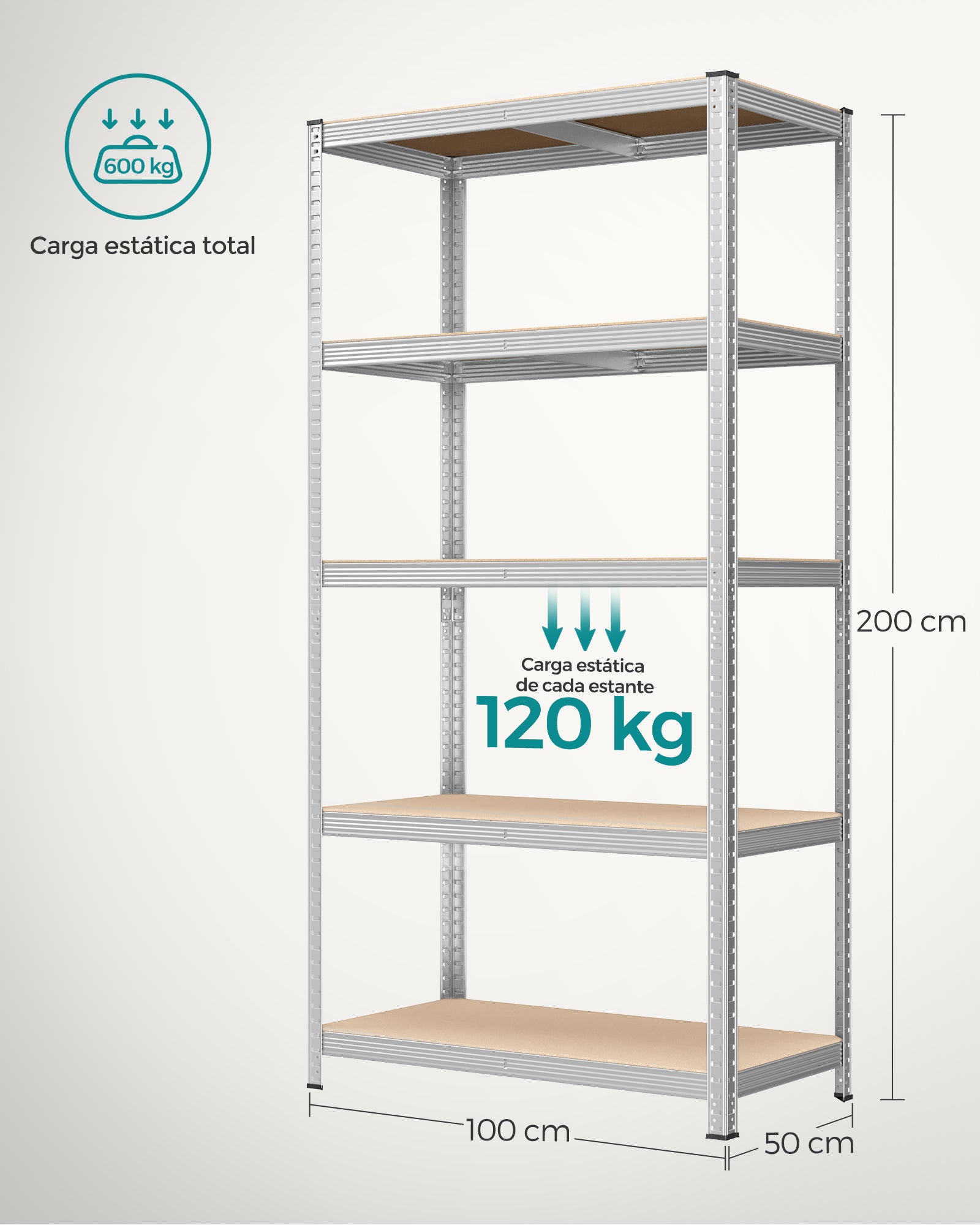 Estanteria, Estantería metálica, 5 Niveles, Estanterias garaje, 50 x 100 x 200 cm, Carga de 600 kg, Plata, Songmics, 8