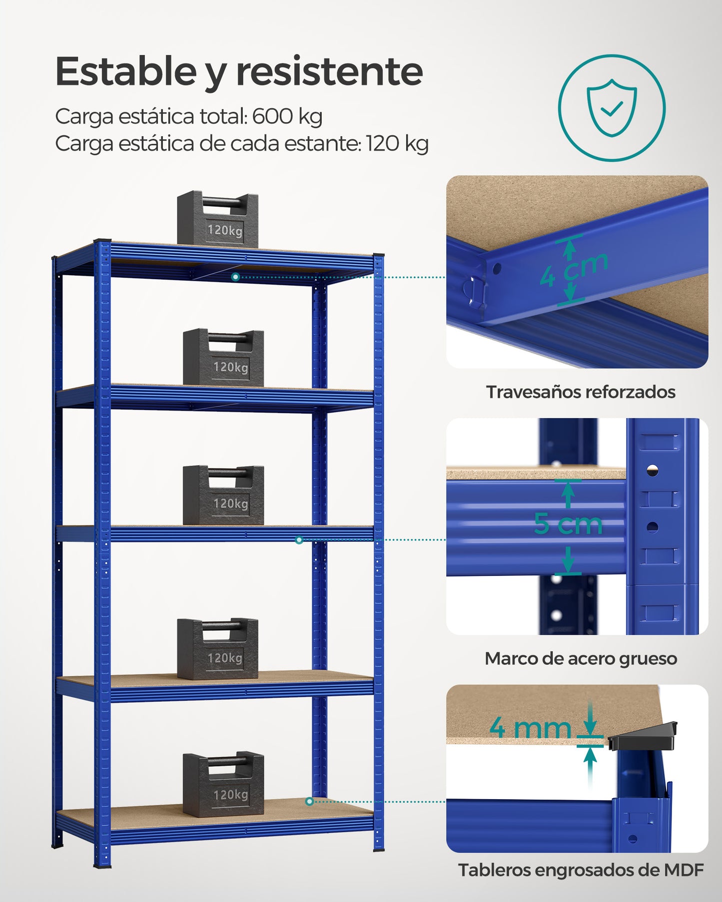 Estanteria, Estantería metálica, 5 Niveles, Estanterias garaje, 50 x 100 x 200 cm, Carga de 600 kg, Azul, Songmics, 4