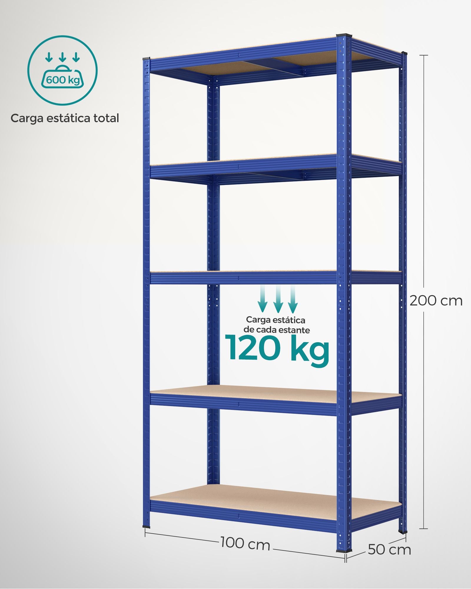 Estanteria, Estantería metálica, 5 Niveles, Estanterias garaje, 50 x 100 x 200 cm, Carga de 600 kg, Azul, Songmics, 8