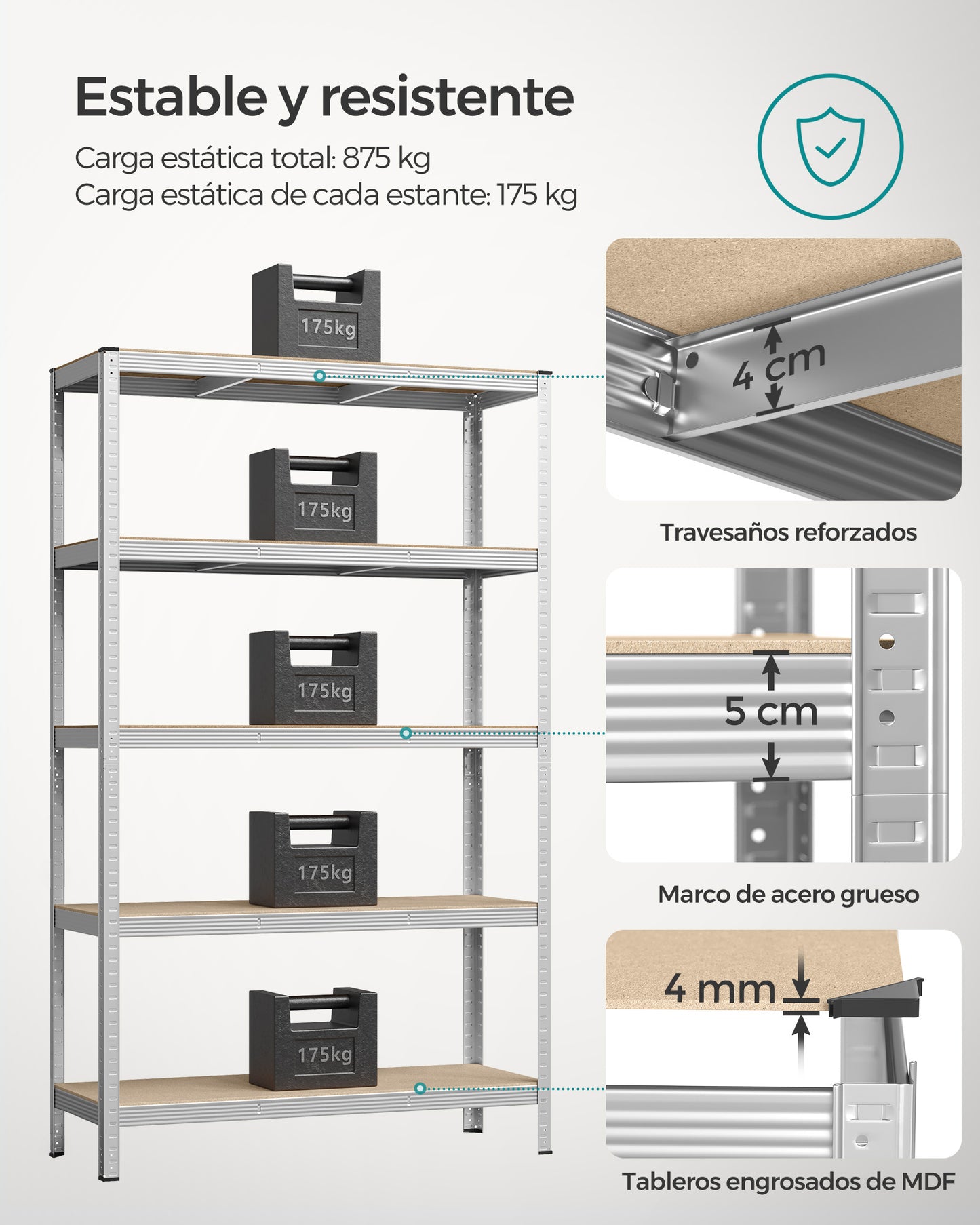Estanteria, 5 Niveles, Estantería metálica, Carga de 750 kg, Estanterias garaje, 60 x 120 x 200 cm, Plata, Songmics, 4
