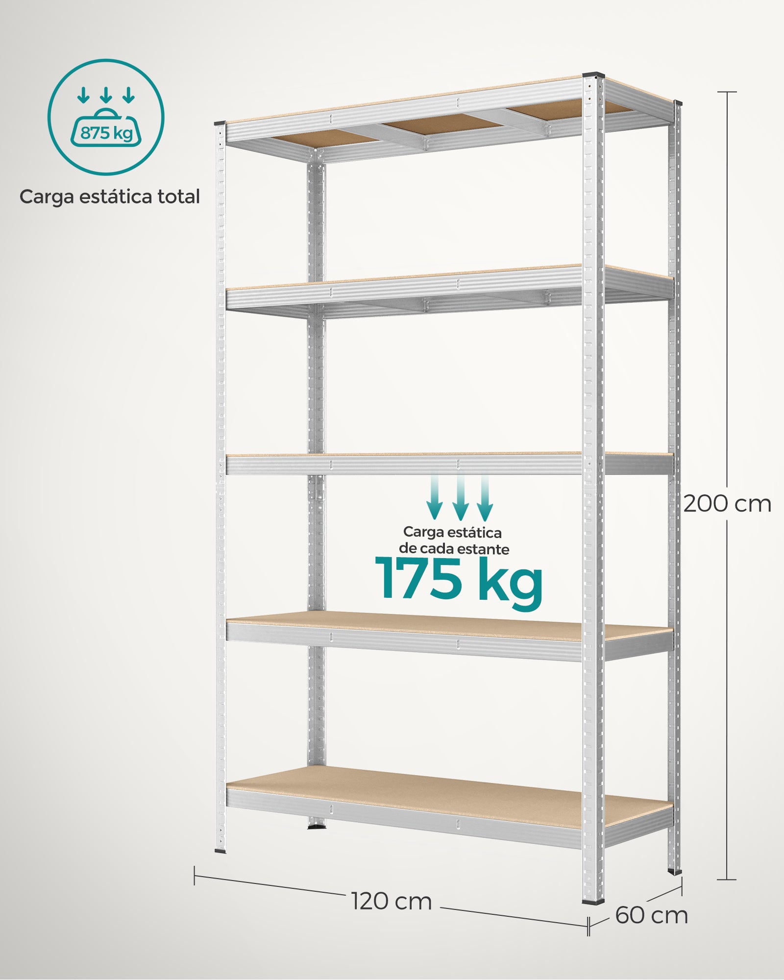 Estanteria, 5 Niveles, Estantería metálica, Carga de 750 kg, Estanterias garaje, 60 x 120 x 200 cm, Plata, Songmics, 8