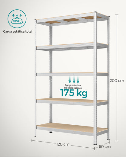 Estanteria, 5 Niveles, Estantería metálica, Carga de 750 kg, Estanterias garaje, 60 x 120 x 200 cm, Plata, Songmics, 8