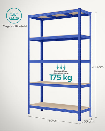 Estanteria, 5 Niveles, Estantería metálica, Carga de 750 kg, Estanterias garaje, 60 x 120 x 200 cm, Azul, Songmics, 8