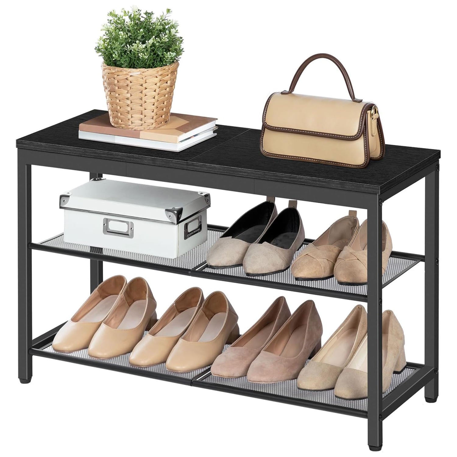 Zapatero, 3 Niveles, Banco Zapatero, con 2 Estantes de malla, Zapatero Estrecho, Zapatero Recibidor, Marco de Metal, Negro, HOOBRO, 7
