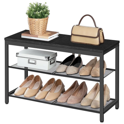 Zapatero, 3 Niveles, Banco Zapatero, con 2 Estantes de malla, Zapatero Estrecho, Zapatero Recibidor, Marco de Metal, Negro, HOOBRO, 7