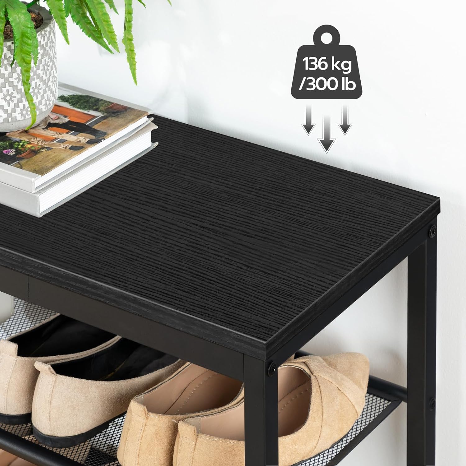 Zapatero, 3 Niveles, Banco Zapatero, con 2 Estantes de malla, Zapatero Estrecho, Zapatero Recibidor, Marco de Metal, Negro, HOOBRO, 3