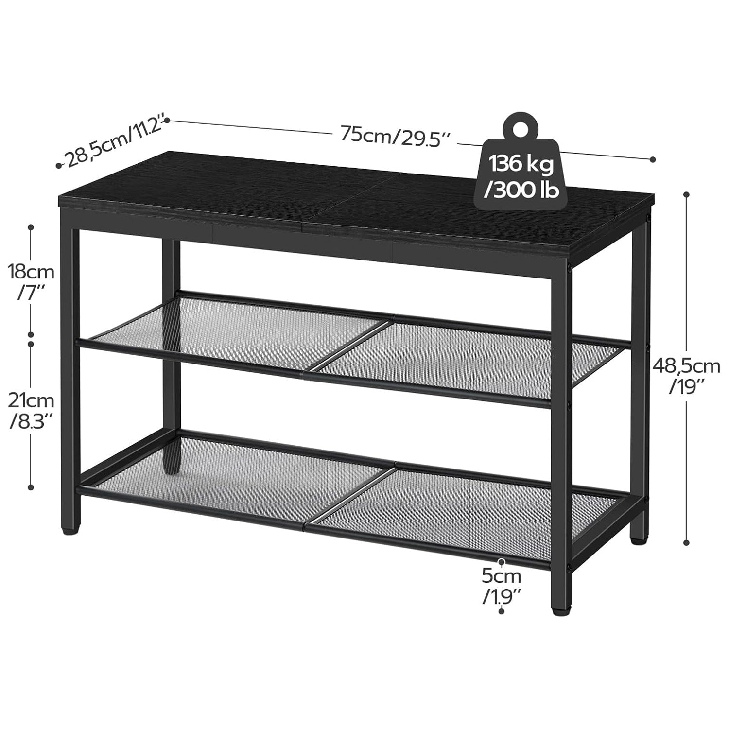 Zapatero, 3 Niveles, Banco Zapatero, con 2 Estantes de malla, Zapatero Estrecho, Zapatero Recibidor, Marco de Metal, Negro, HOOBRO, 4