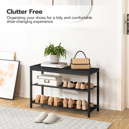 Zapatero, 3 Niveles, Banco Zapatero, con 2 Estantes de malla, Zapatero Estrecho, Zapatero Recibidor, Marco de Metal, Negro, HOOBRO, 6
