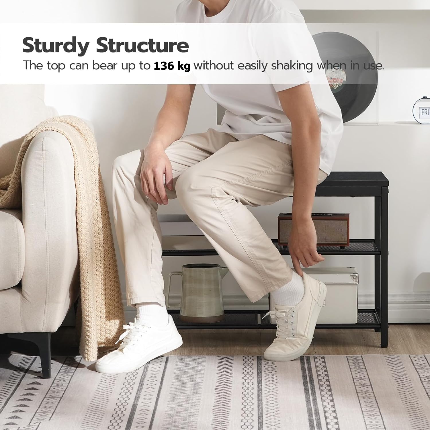 Zapatero, 3 Niveles, Banco Zapatero, con 2 Estantes de malla, Zapatero Estrecho, Zapatero Recibidor, Marco de Metal, Negro, HOOBRO, 2