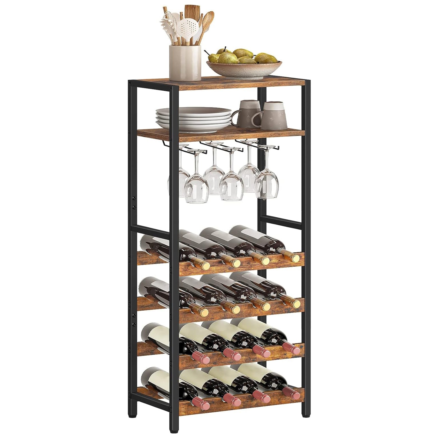 Botellero Vino, para hasta 16 Botellas, Botellero Bar, 5 Niveles, Soporte copas, Estructura de metal, Marrón y Negro, HOOBRO, 7