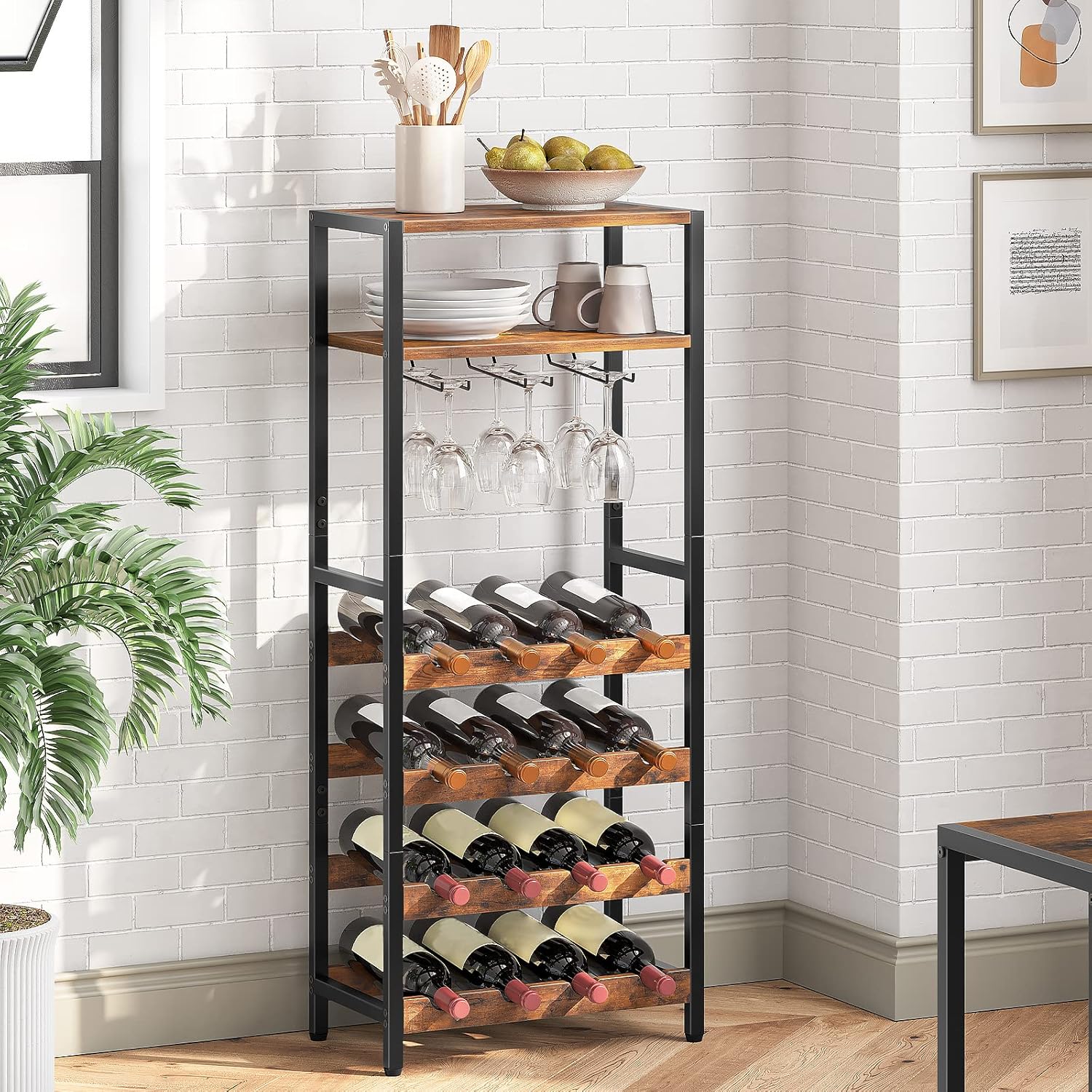 Botellero Vino, para hasta 16 Botellas, Botellero Bar, 5 Niveles, Soporte copas, Estructura de metal, Marrón y Negro, HOOBRO, 1