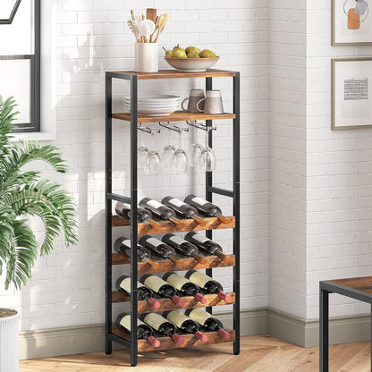 Botellero Vino, para hasta 16 Botellas, Botellero Bar, 5 Niveles, Soporte copas, Estructura de metal, Marrón y Negro, HOOBRO, 1