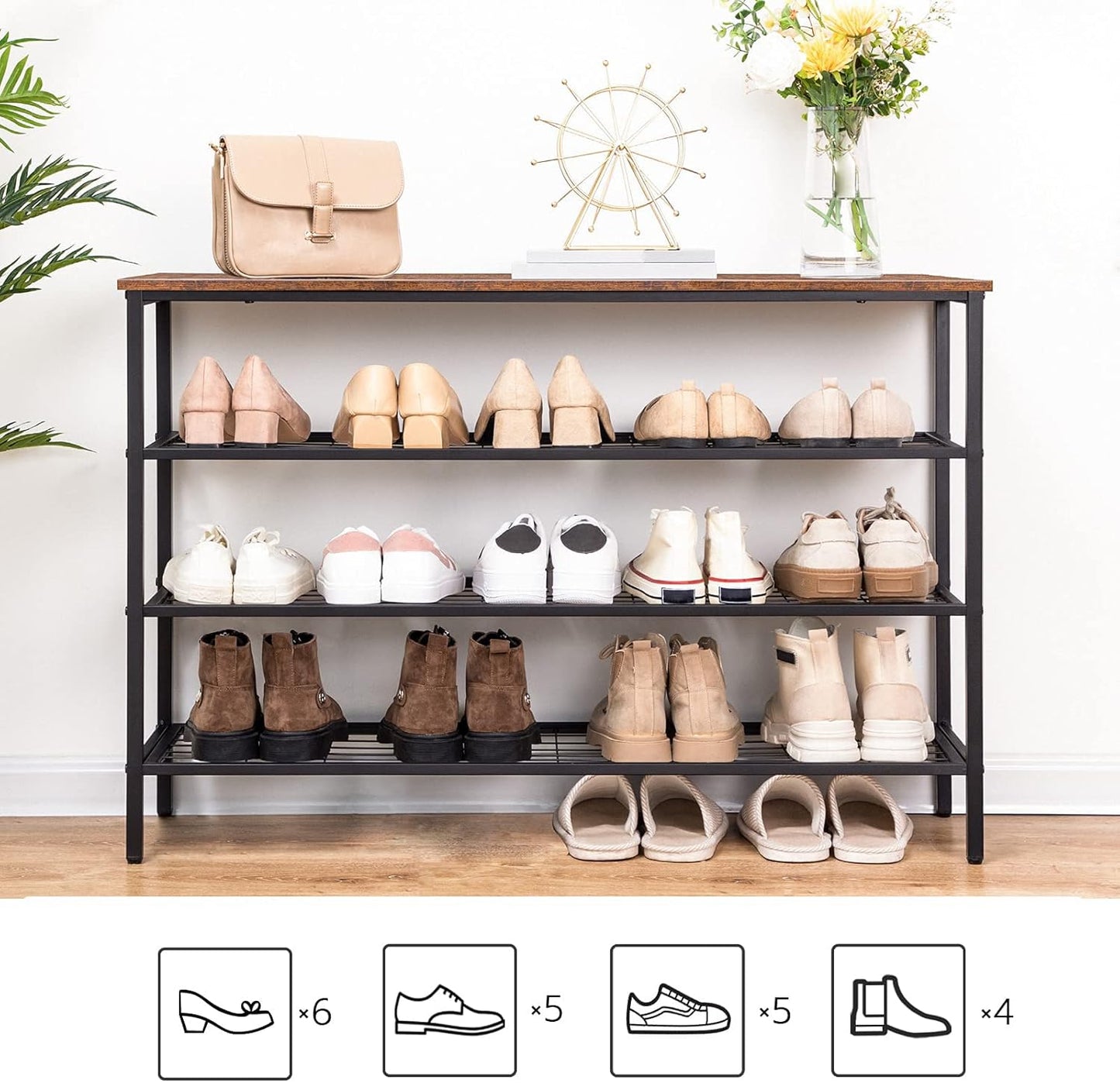 Zapatero, 4 Niveles, Capacidad para 20-25 Pares, Zapatero estrecho, Zapatero Recibidor, Marco de Metal, Marrón y Negro, HOOBRO, 5