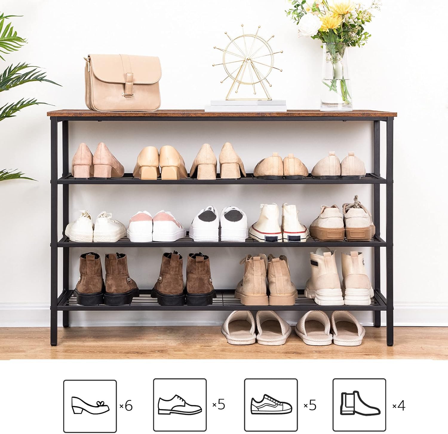 Zapatero, 4 Niveles, Capacidad para 20-25 Pares, Zapatero estrecho, Zapatero Recibidor, Marco de Metal, Marrón y Negro, HOOBRO, 5