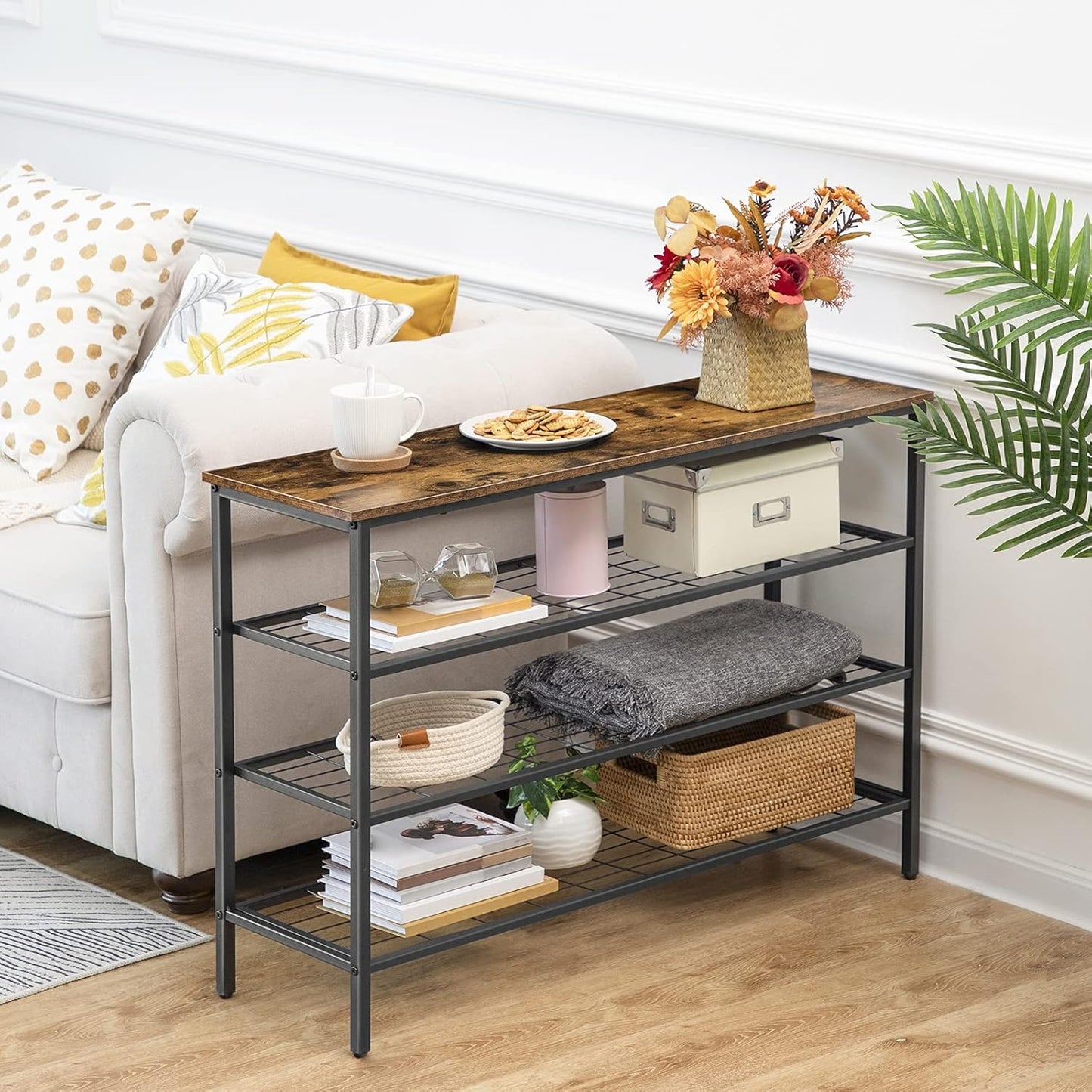 Zapatero, 4 Niveles, Capacidad para 20-25 Pares, Zapatero estrecho, Zapatero Recibidor, Marco de Metal, Marrón y Negro, HOOBRO, 6