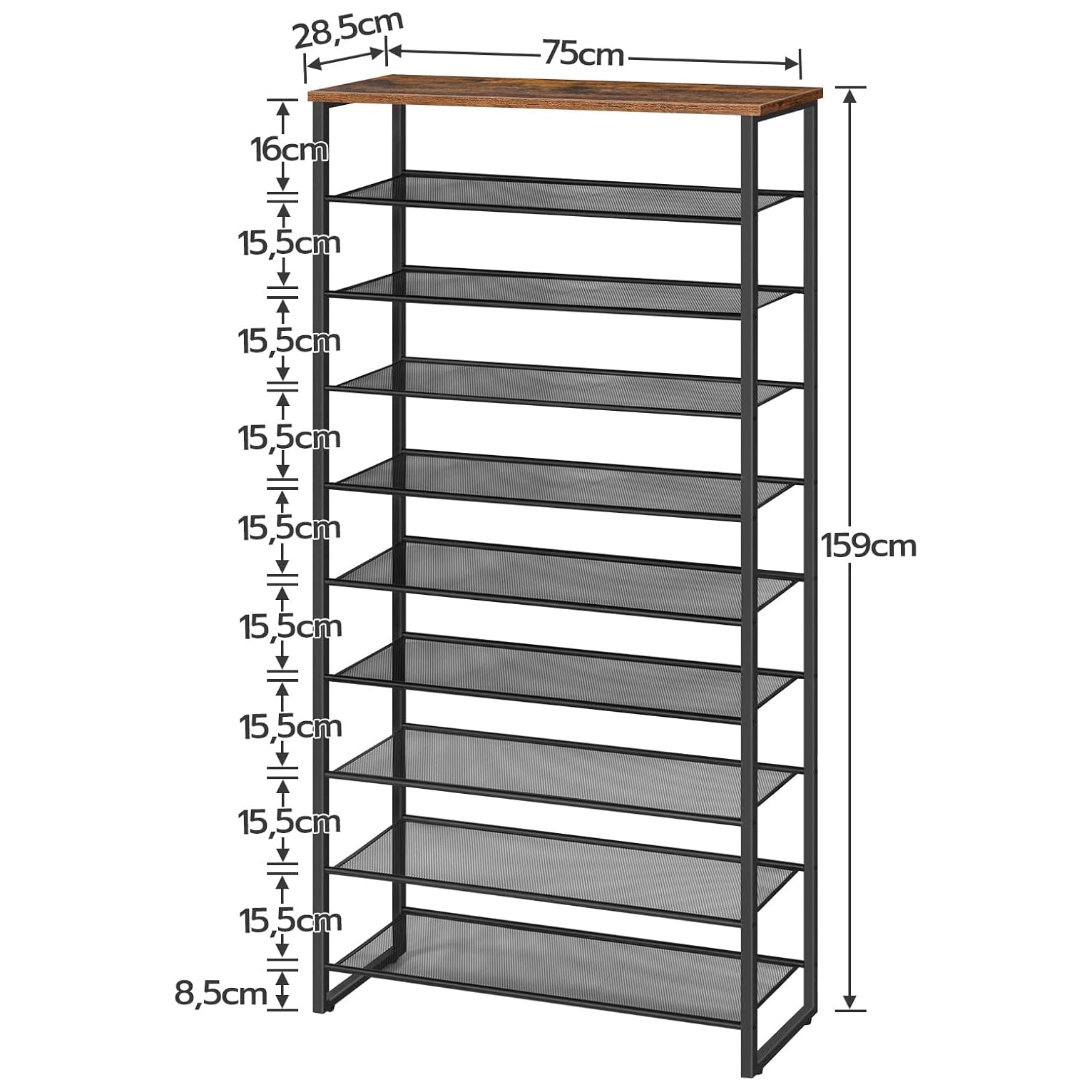 Zapatero, 10 Niveles, para 32-40 Pares, Zapatero Recibidor, Zapatero Alto y Estrecho, Marco de Metal, Marrón y Negro, HOOBRO, 3