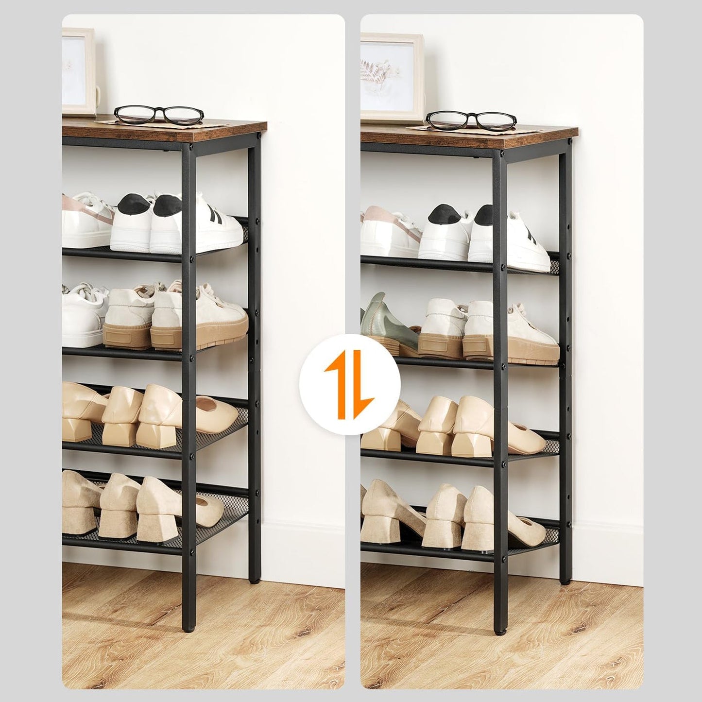 Zapatero, 5 Niveles, Capacidad para 16-20 Pares, Zapatero Recibidor, Zapatero Estrecho, Marco de Metal, Marrón y Negro, HOOBRO, 6