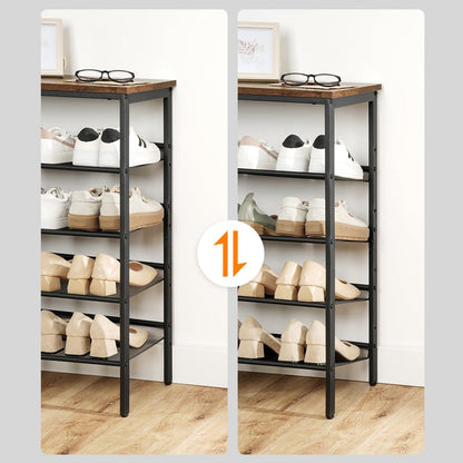 Zapatero, 5 Niveles, Capacidad para 16-20 Pares, Zapatero Recibidor, Zapatero Estrecho, Marco de Metal, Marrón y Negro, HOOBRO, 6