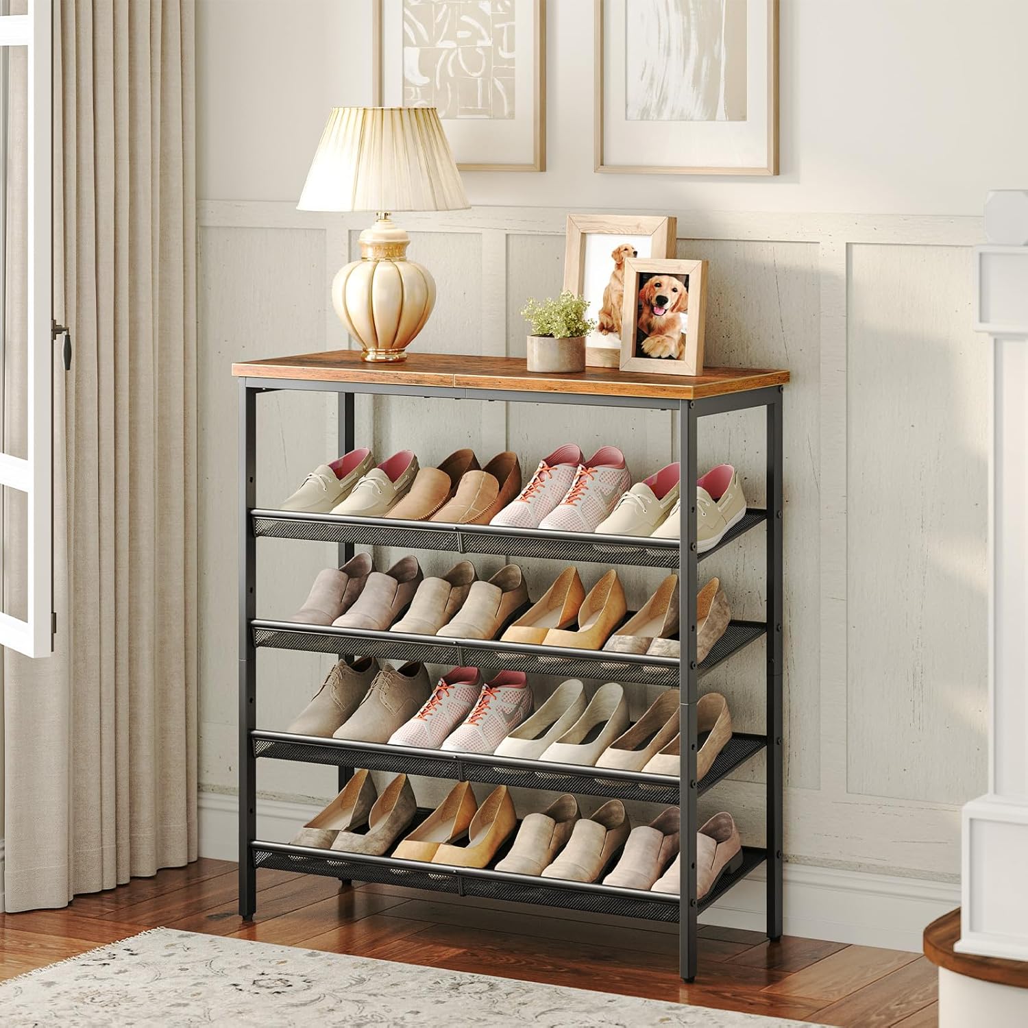 Zapatero, 5 Niveles, Capacidad para 16-20 Pares, Zapatero Recibidor, Zapatero Estrecho, Marco de Metal, Marrón y Negro, HOOBRO, 1