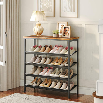 Zapatero, 5 Niveles, Capacidad para 16-20 Pares, Zapatero Recibidor, Zapatero Estrecho, Marco de Metal, Marrón y Negro, HOOBRO, 1