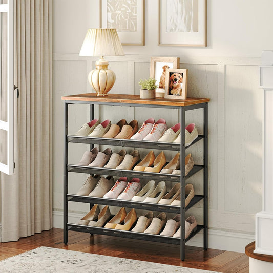 Zapatero, 5 Niveles, Capacidad para 16-20 Pares, Zapatero Recibidor, Zapatero Estrecho, Marco de Metal, Marrón y Negro, HOOBRO, 1