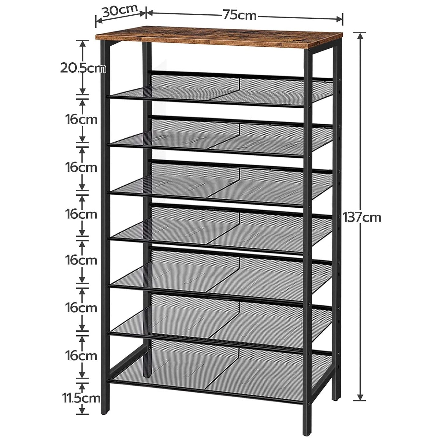 Zapatero, 8 Niveles, Capacidad para 24-32 Pares, Zapatero alto y estrecho, Zapatero Recibidor, Marco de Metal, Marrón y Negro, HOOBRO, 4