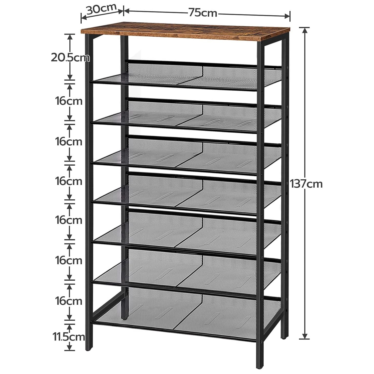 Zapatero, 8 Niveles, Capacidad para 24-32 Pares, Zapatero alto y estrecho, Zapatero Recibidor, Marco de Metal, Marrón y Negro, HOOBRO, 4