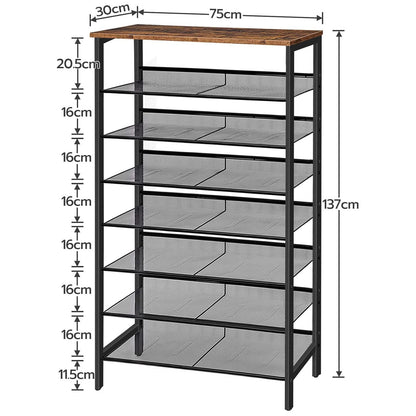 Zapatero, 8 Niveles, Capacidad para 24-32 Pares, Zapatero alto y estrecho, Zapatero Recibidor, Marco de Metal, Marrón y Negro, HOOBRO, 4