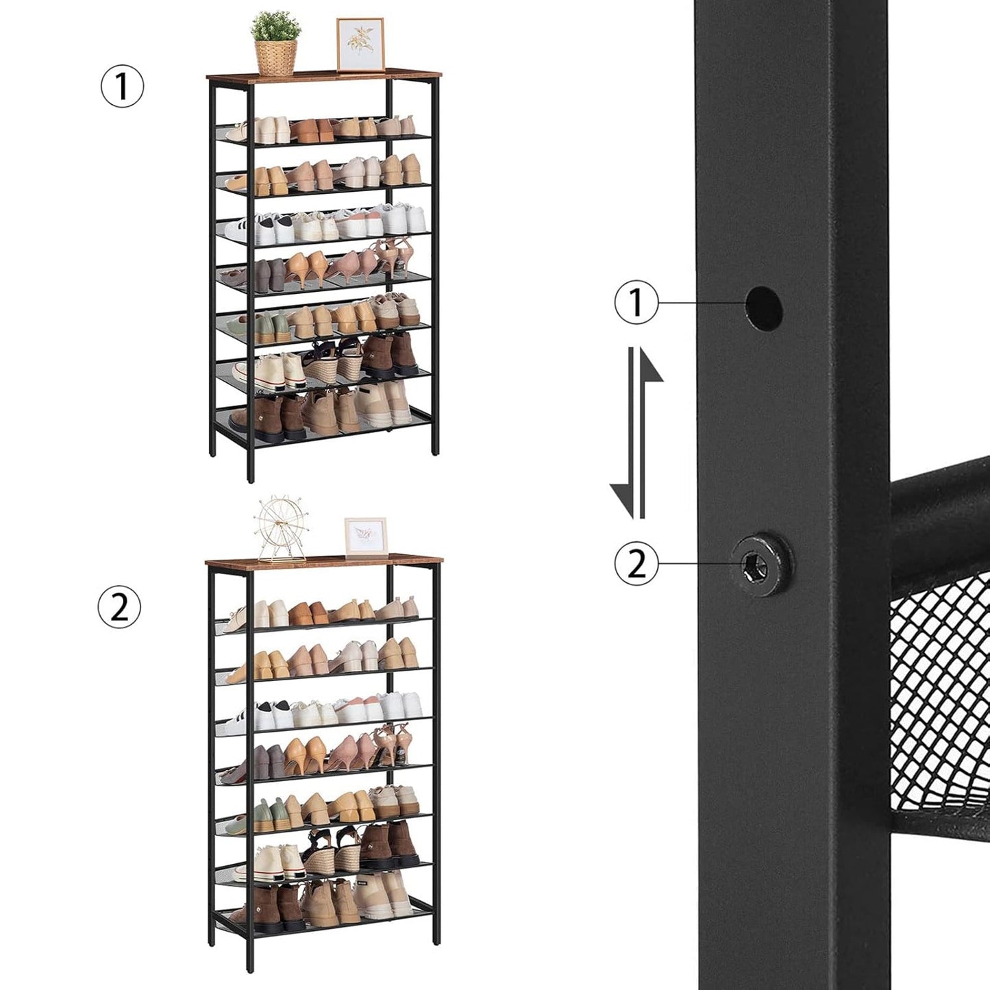 Zapatero, 8 Niveles, Capacidad para 24-32 Pares, Zapatero alto y estrecho, Zapatero Recibidor, Marco de Metal, Marrón y Negro, HOOBRO, 3